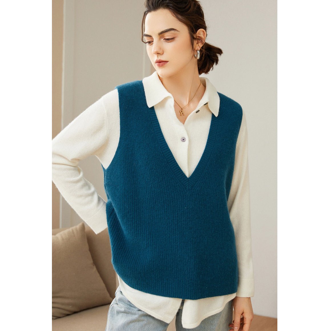 Womens V - Neck Sleeveless Cashmere Vest Ribbed Trim Cashmere Waistcoat Ocean Blue XS