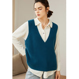 Womens V - Neck Sleeveless Cashmere Vest Ribbed Trim Cashmere Waistcoat Ocean Blue XS