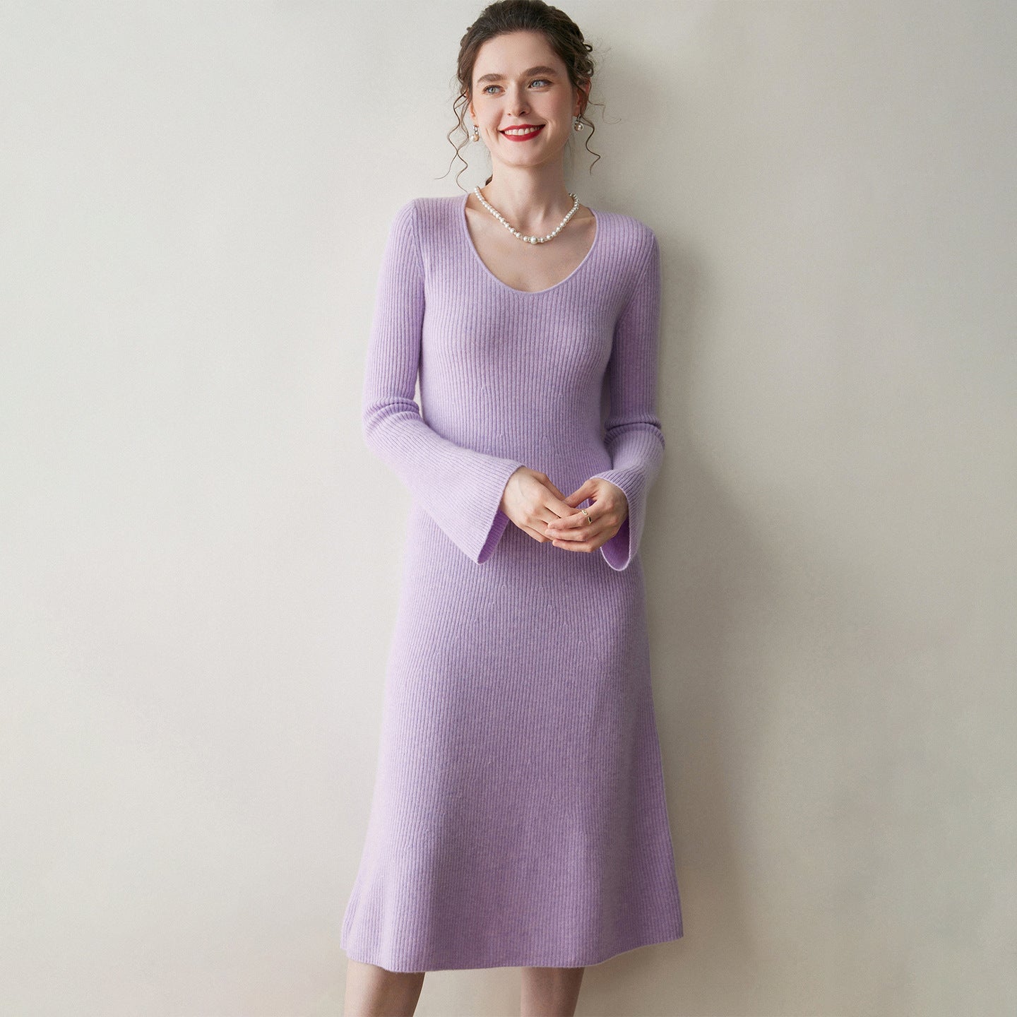 Womens Ribbed Cashmere Knit Midi Dress V Neck Flared Sleeve Cashmere Sweater Dress Purple XS