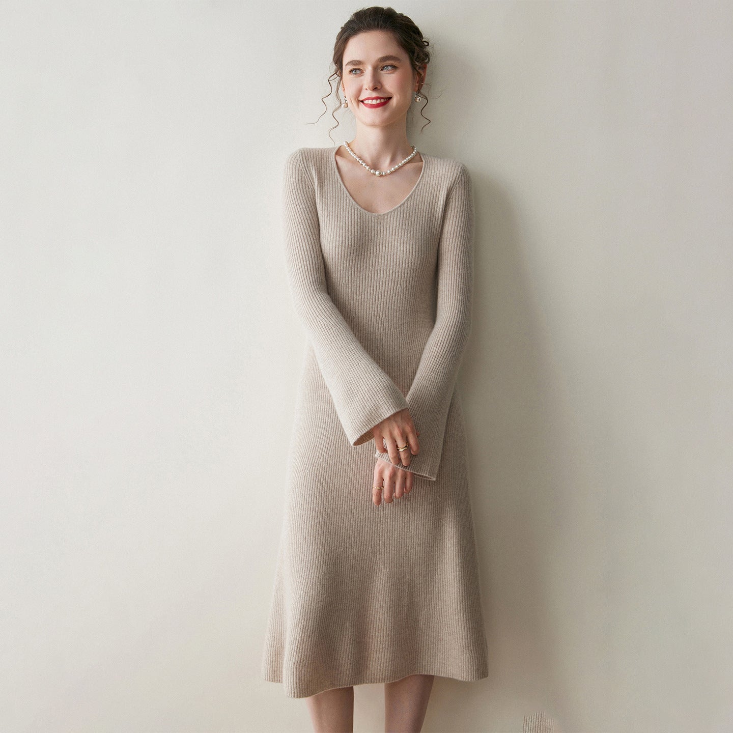 Womens Ribbed Cashmere Knit Midi Dress V Neck Flared Sleeve Cashmere Sweater Dress Oatmeal XS