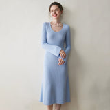 Womens Ribbed Cashmere Knit Midi Dress V Neck Flared Sleeve Cashmere Sweater Dress Blue XS