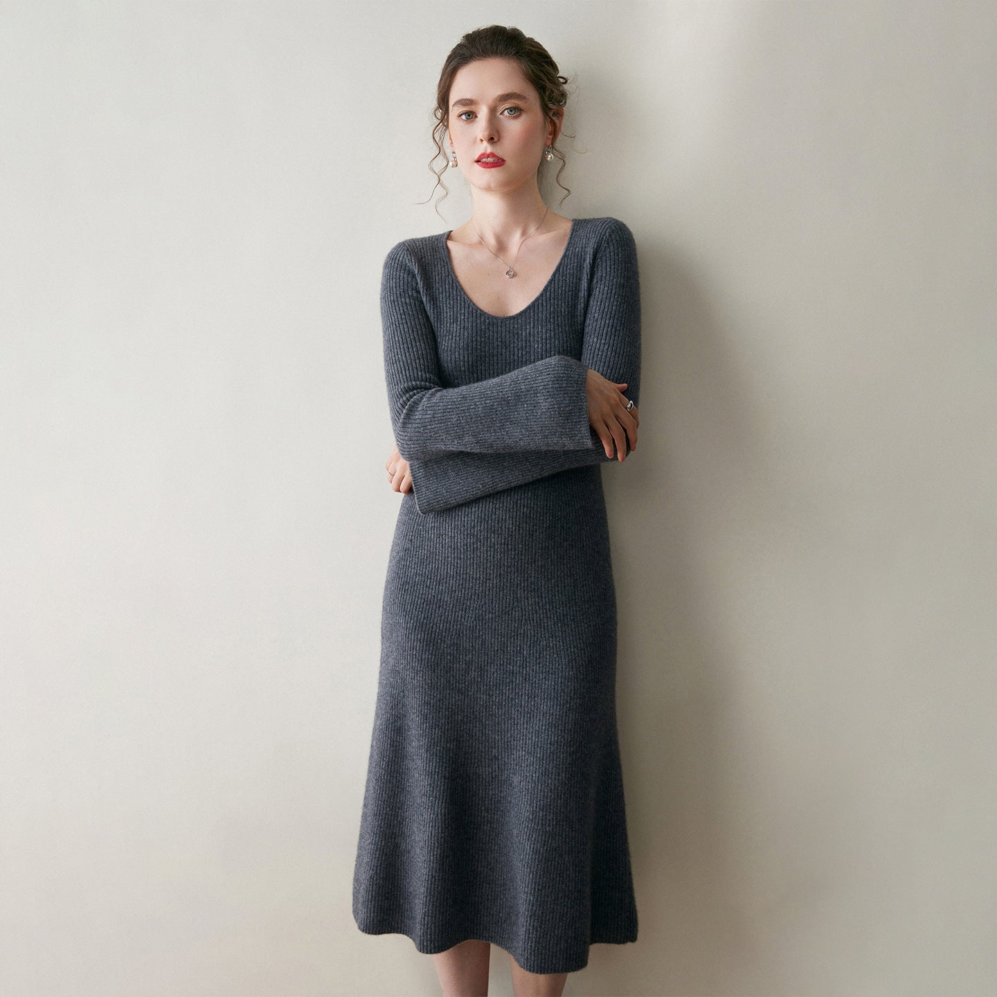 Womens Ribbed Cashmere Knit Midi Dress V Neck Flared Sleeve Cashmere Sweater Dress Gray XS