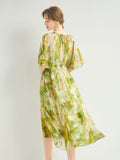Womens Silk Chiffon Midi Dress Flutter Sleeve Watercolor Floral Green Silk Dress