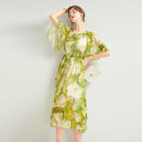 Womens Silk Chiffon Midi Dress Flutter Sleeve Watercolor Floral Green Silk Dress