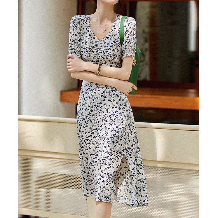 Womens Silk Floral Dress Silk Midi Dress V Neck Ruched Summer Dress White XS