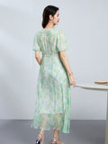 Womens Silk Floral Dress V Neck Silk Midi Dress Short Sleeve Flowing Skirt Green XS