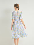 Womens Silk Floral Midi Dress Tie Waist Ruffle Hem Blue Silk Dress