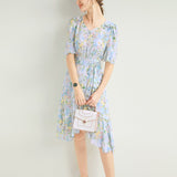 Womens Silk Floral Midi Dress Tie Waist Ruffle Hem Blue Silk Dress