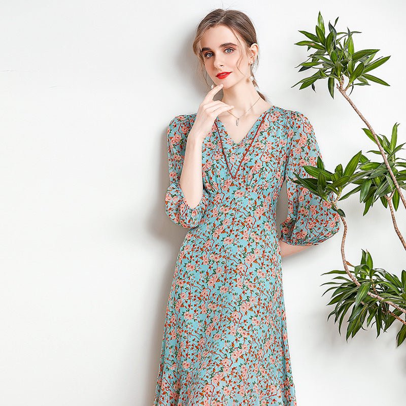 Womens Silk Floral Midi Dress V - Neck Sheer Sleeve Green Silk Dress Green XS
