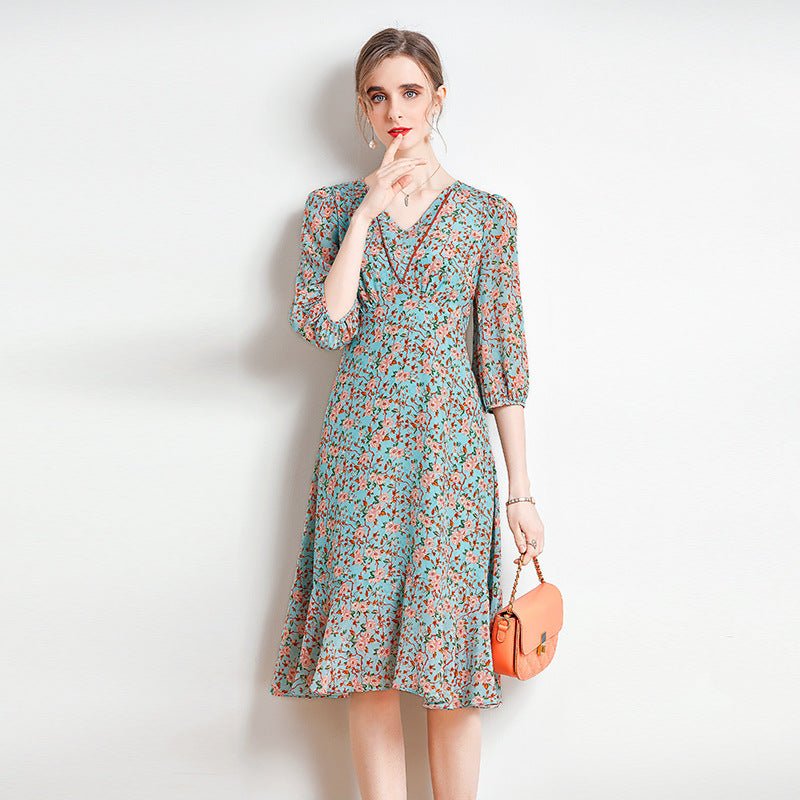 Womens Silk Floral Midi Dress V - Neck Sheer Sleeve Green Silk Dress Green XS