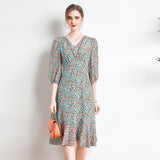 Womens Silk Floral Midi Dress V - Neck Sheer Sleeve Green Silk Dress Green XS