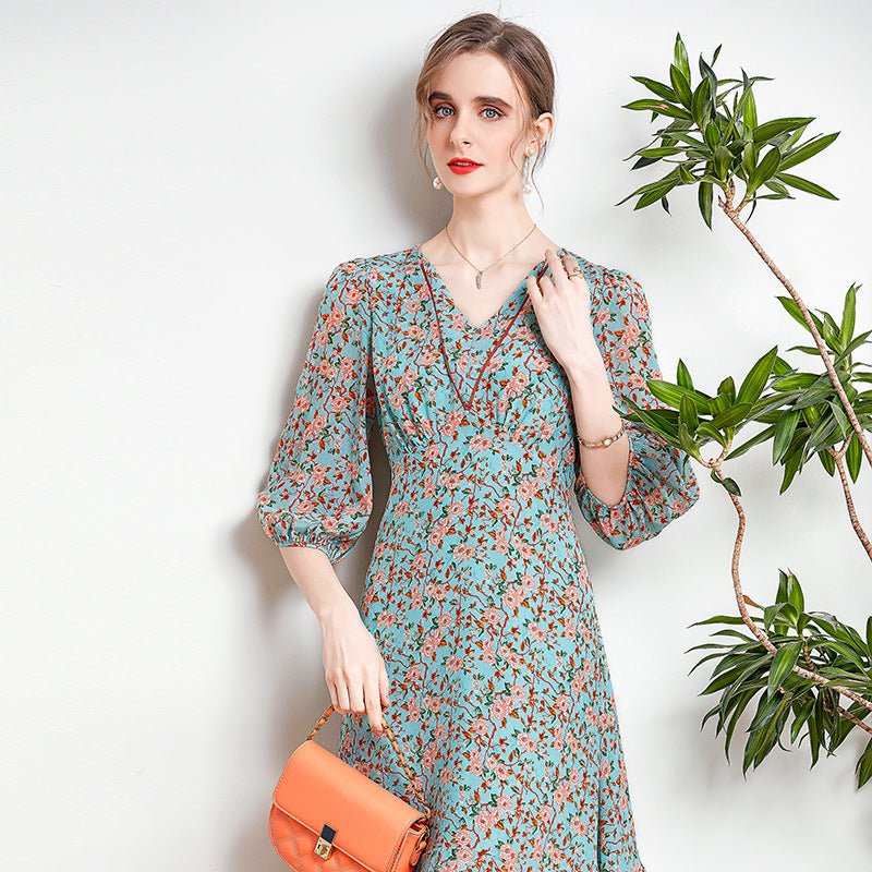 Womens Silk Floral Midi Dress V - Neck Sheer Sleeve Green Silk Dress Green XS