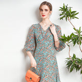 Womens Silk Floral Midi Dress V - Neck Sheer Sleeve Green Silk Dress Green XS