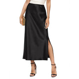 Womens Silk Maxi Skirt with Side Slit High Waist Silk Skirt