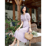 Womens Silk Midi Dress Smocked Waist Ruffled Sleeve Silk Dress