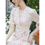 Womens Silk Mini Wrap Dress Puff Sleeve Heart Print Silk Dresses
