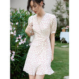 Womens Silk Mini Wrap Dress Puff Sleeve Heart Print Silk Dresses