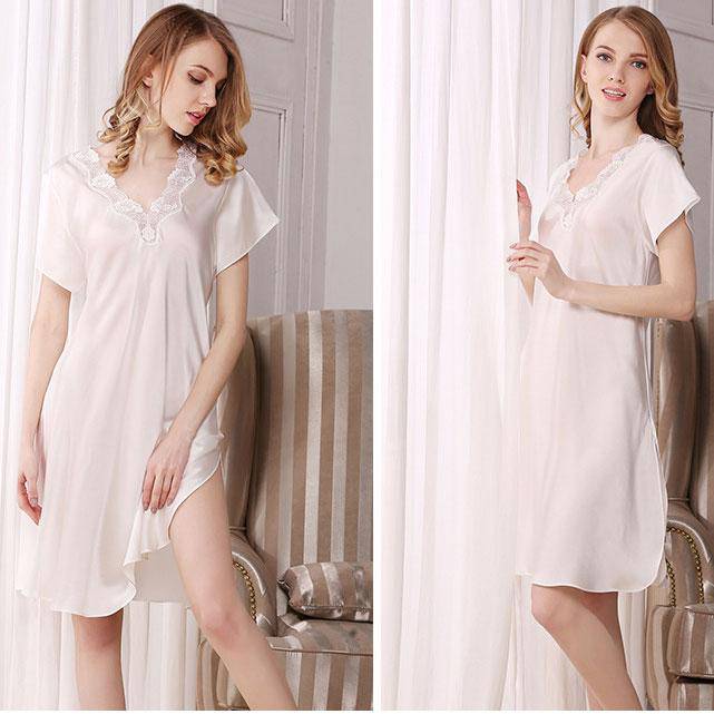 Women's Silk Nightdress V Neck Mulberry Lace Silk Nightgown