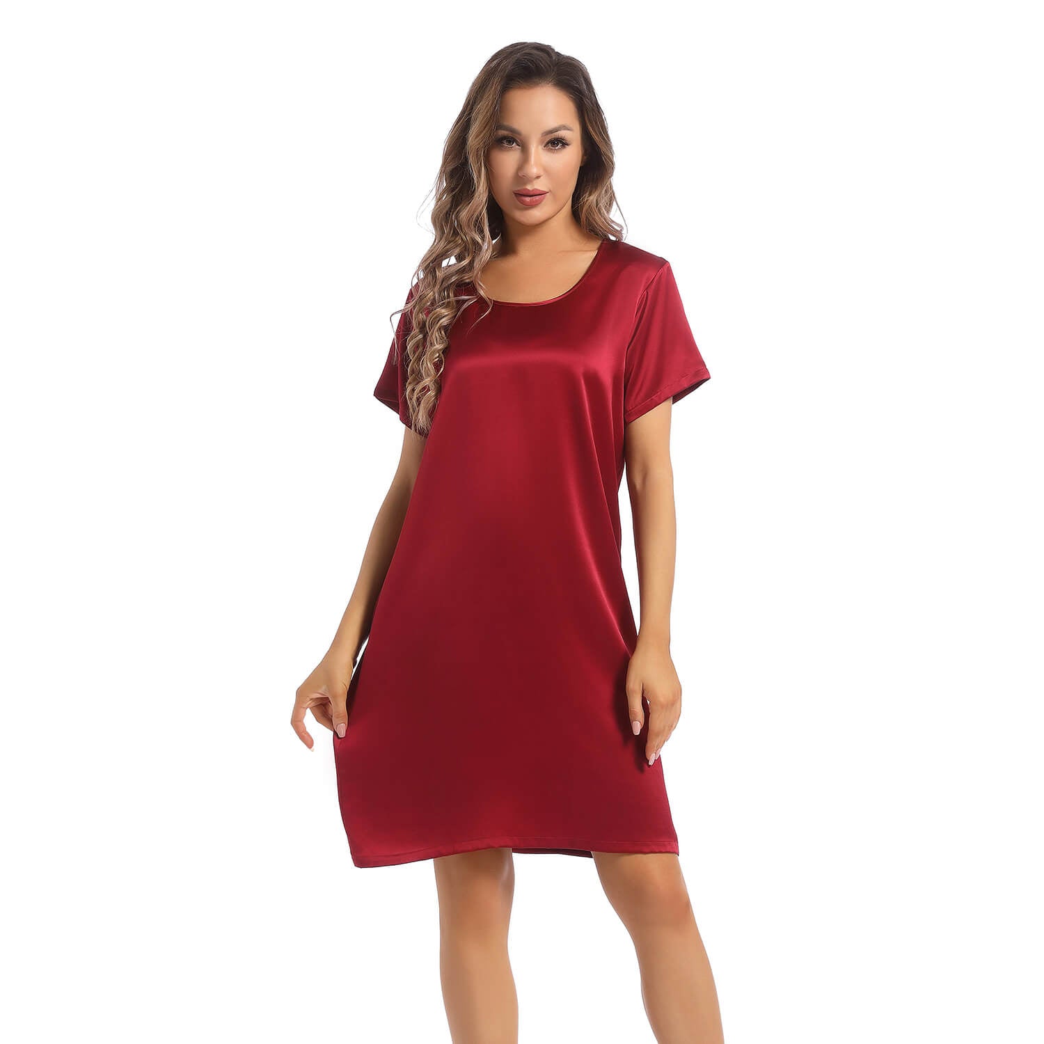 Women's Silk Nightgown Short Sleeve Round Neck Silk Nightdress