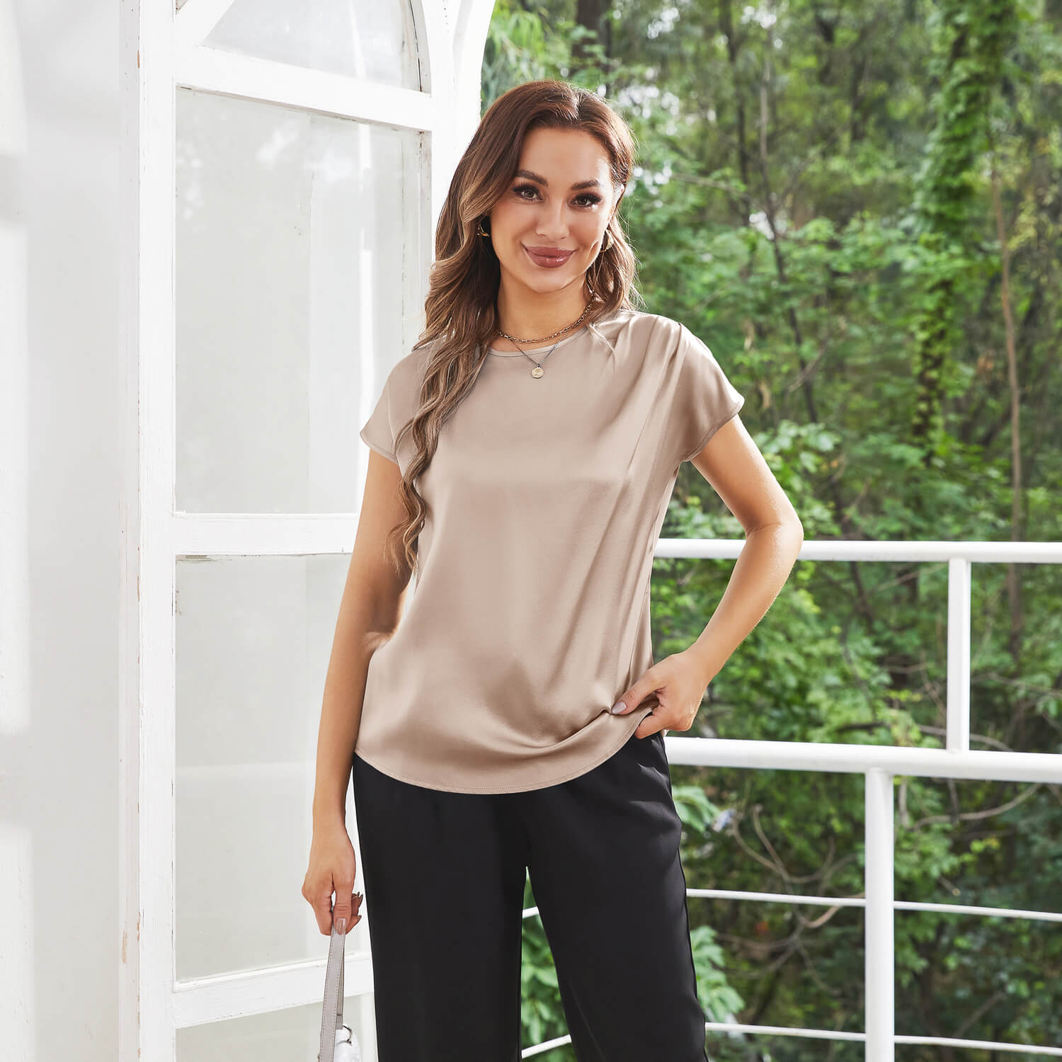 Womens Silk Tops Round Neck Short Sleeves Pure Silk Shirts