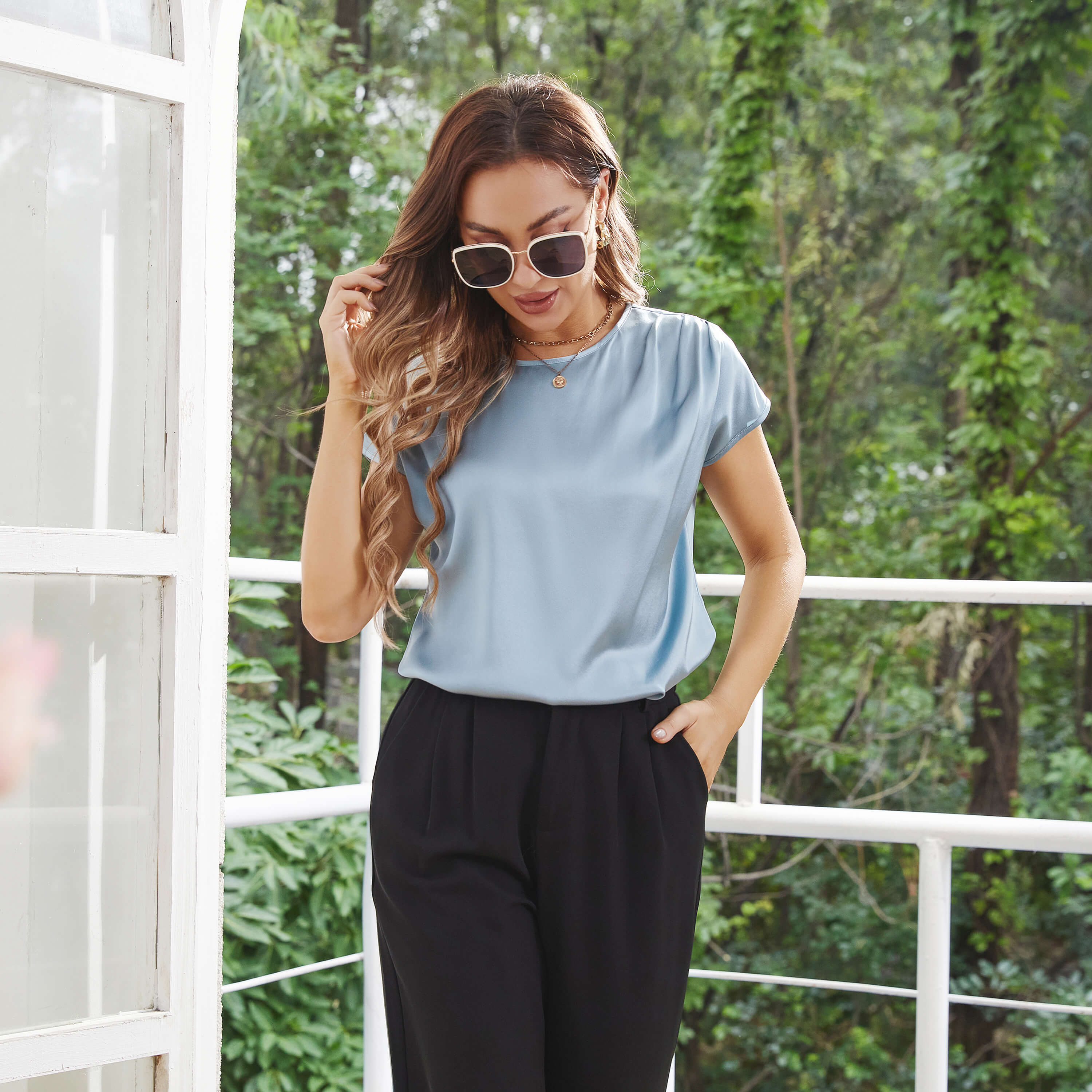 Womens Silk Tops Round Neck Short Sleeves Pure Silk Shirts