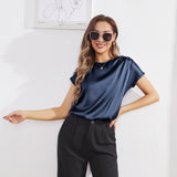 Womens Silk Tops Round Neck Short Sleeves Pure Silk Shirts