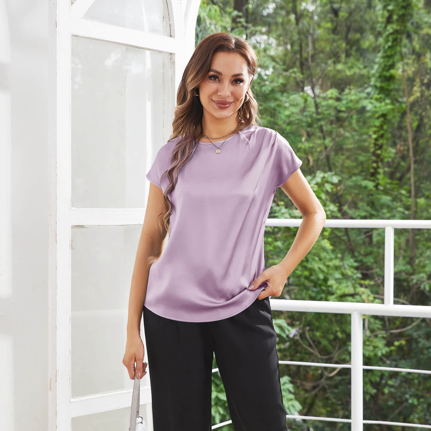 Womens Silk Tops Round Neck Short Sleeves Pure Silk Shirts