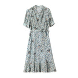 Womens Silk Wrap Midi Dress Fan Motif Ruffled Hem Blue Silk Dress Blue XS