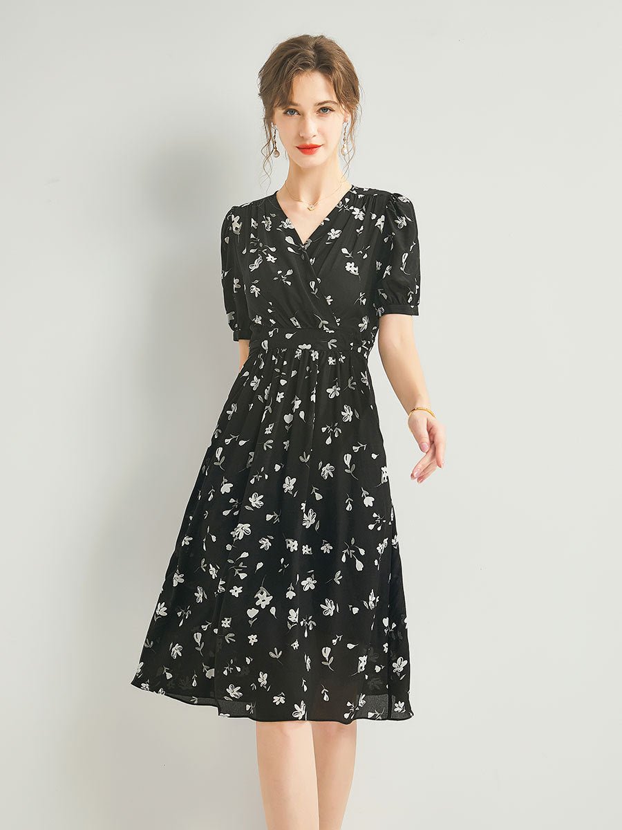 Womens Silk Wrap Midi Dress Puff Sleeve Floral Print Black Silk Dress