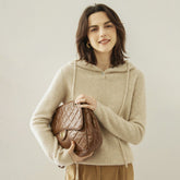 Womens Ribbed Cashmere Hoodie Buttoned Neckline Cashmere Hoody