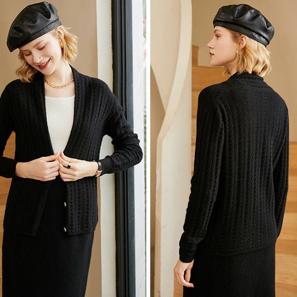 Womens V - Neck Cable Knit Cashmere Cardigan With Button Closure