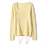 Womens Square Neck Cashmere Sweater Ruched Knit Cashmere Pullover Yellow XS
