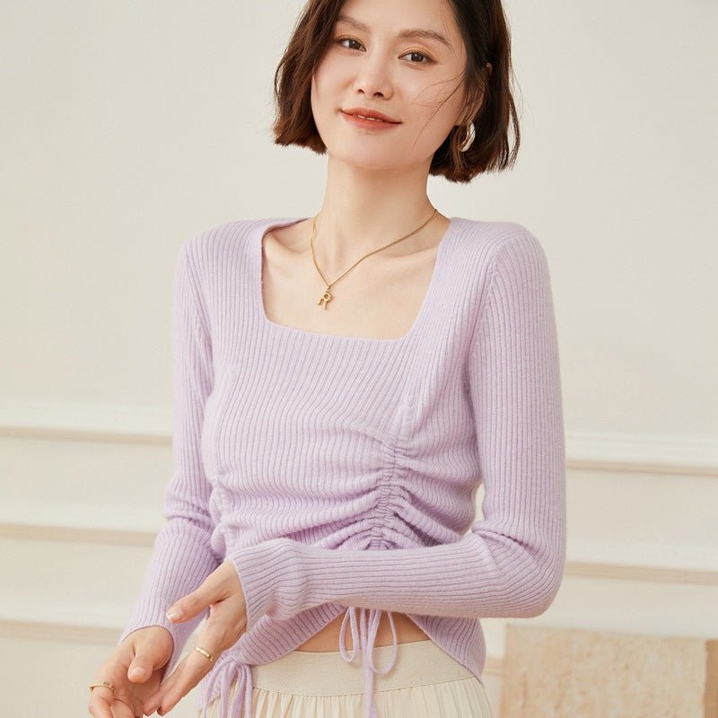 Womens Square Neck Cashmere Sweater Ruched Knit Cashmere Pullover Purple XS