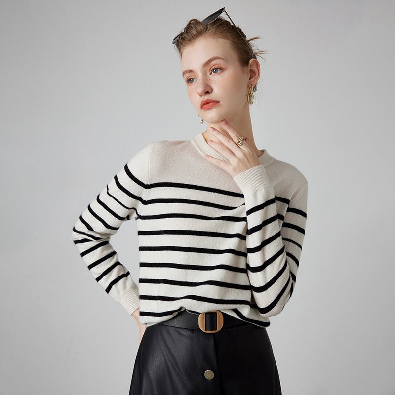 Womens Striped Cashmere Sweater Crew Neck Cashmere Jumper Pullover