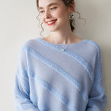 Womens Textured Cashmere Knit Sweater Crew Neck Long Sleeve Cashmere Pullover Blue XS