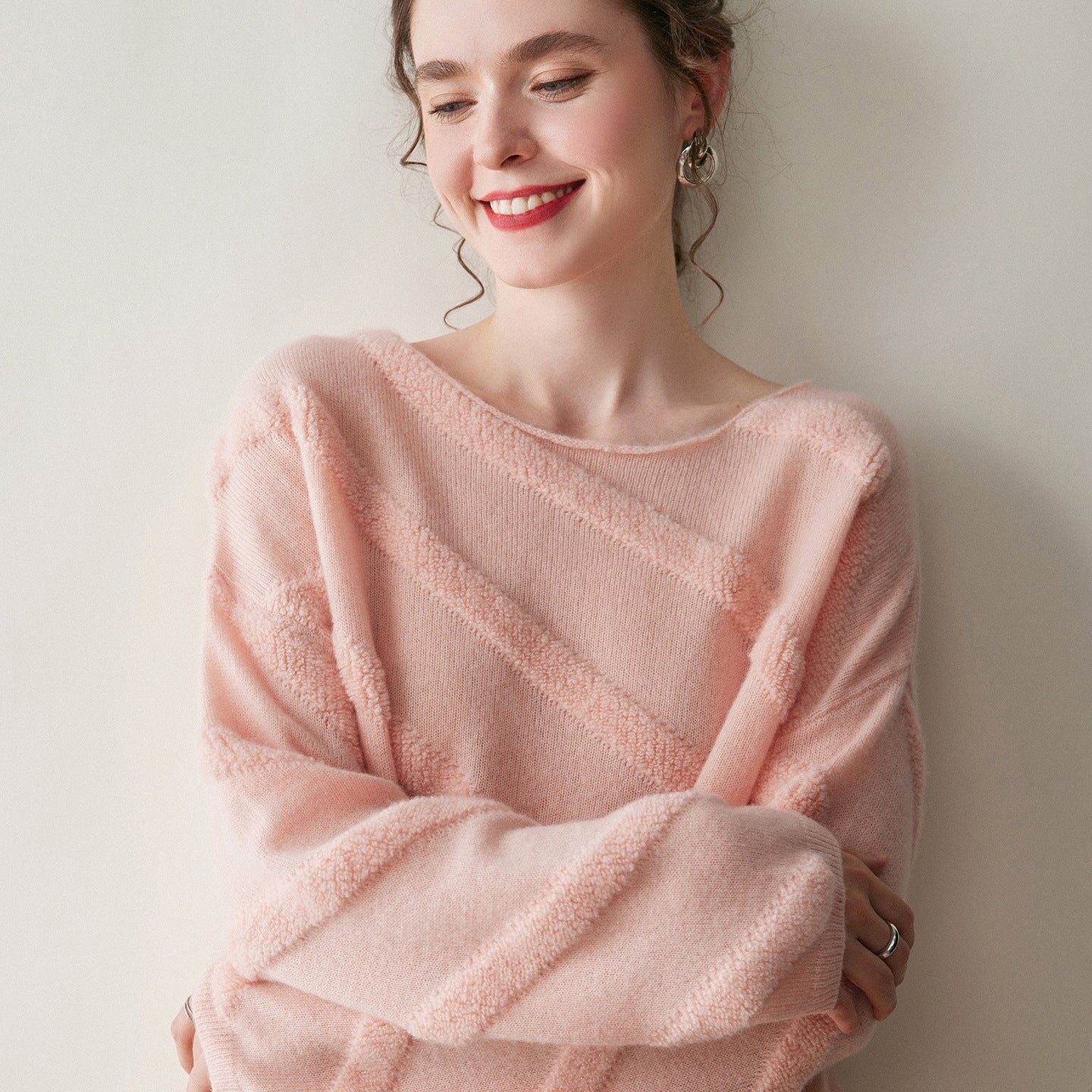 Womens Textured Cashmere Knit Sweater Crew Neck Long Sleeve Cashmere Pullover Pink XS