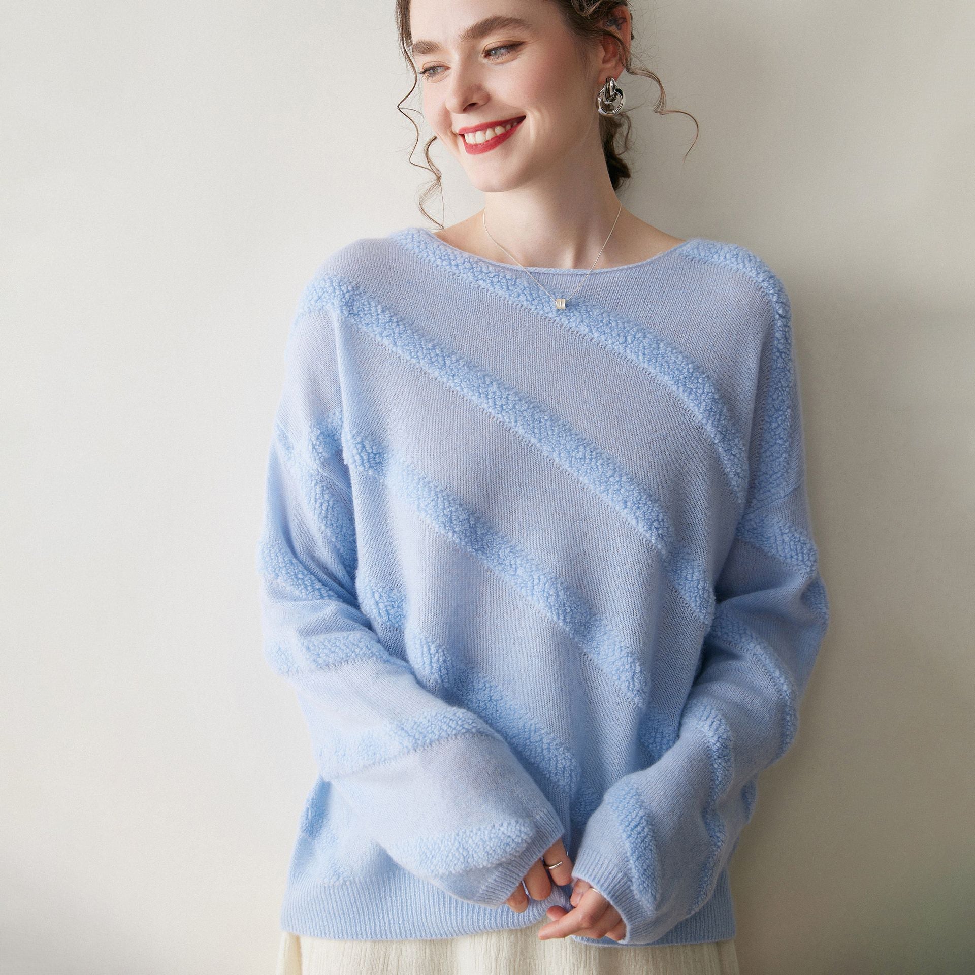 Womens Textured Cashmere Knit Sweater Crew Neck Long Sleeve Cashmere Pullover Blue XS