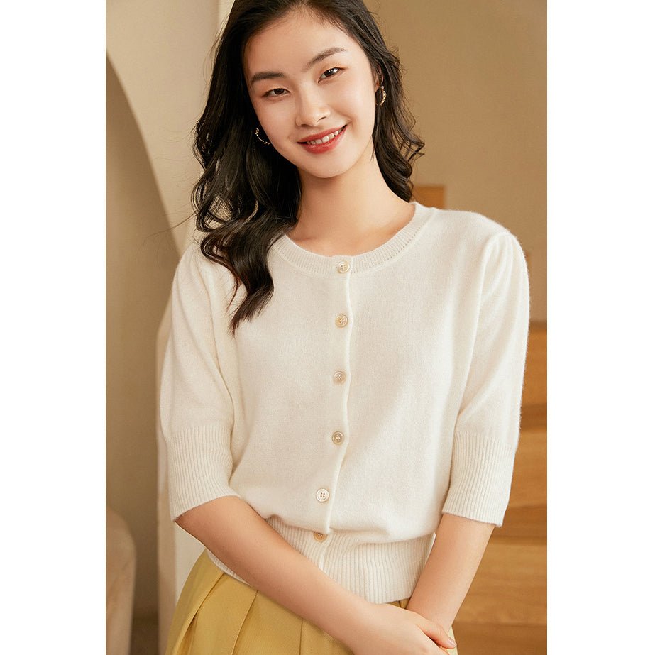 Womens Crew Neck Button - up Front Cashmere Cardigan With Half Sleeve
