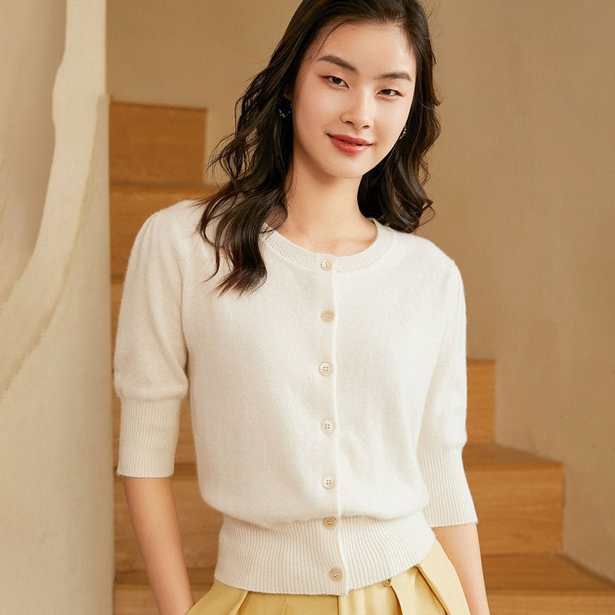 Womens Crew Neck Button - up Front Cashmere Cardigan With Half Sleeve