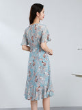 Womens Tie Neck Silk Floral Dress Silk Midi Dress with Flutter Sleeves Blue XS