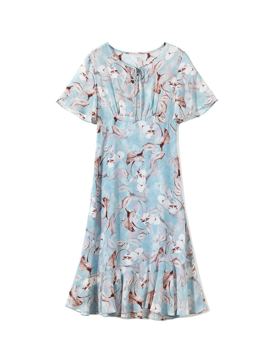 Womens Tie Neck Silk Floral Dress Silk Midi Dress with Flutter Sleeves Blue XS