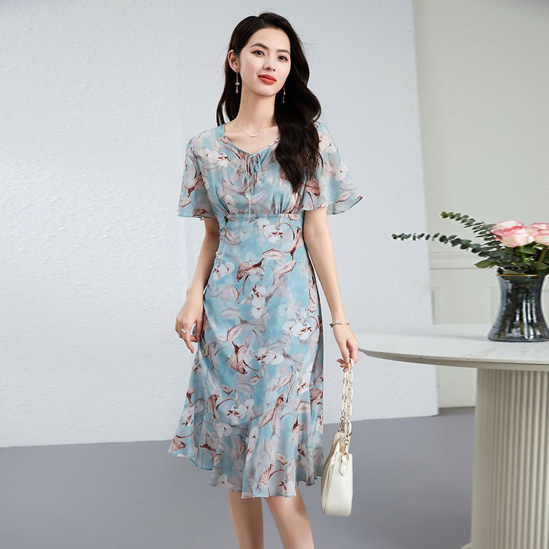Womens Tie Neck Silk Floral Dress Silk Midi Dress with Flutter Sleeves Blue XS