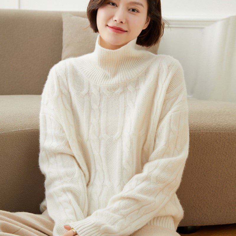 Womens Cable Knit Mock Neck Long Sleeve Cashmere Sweater