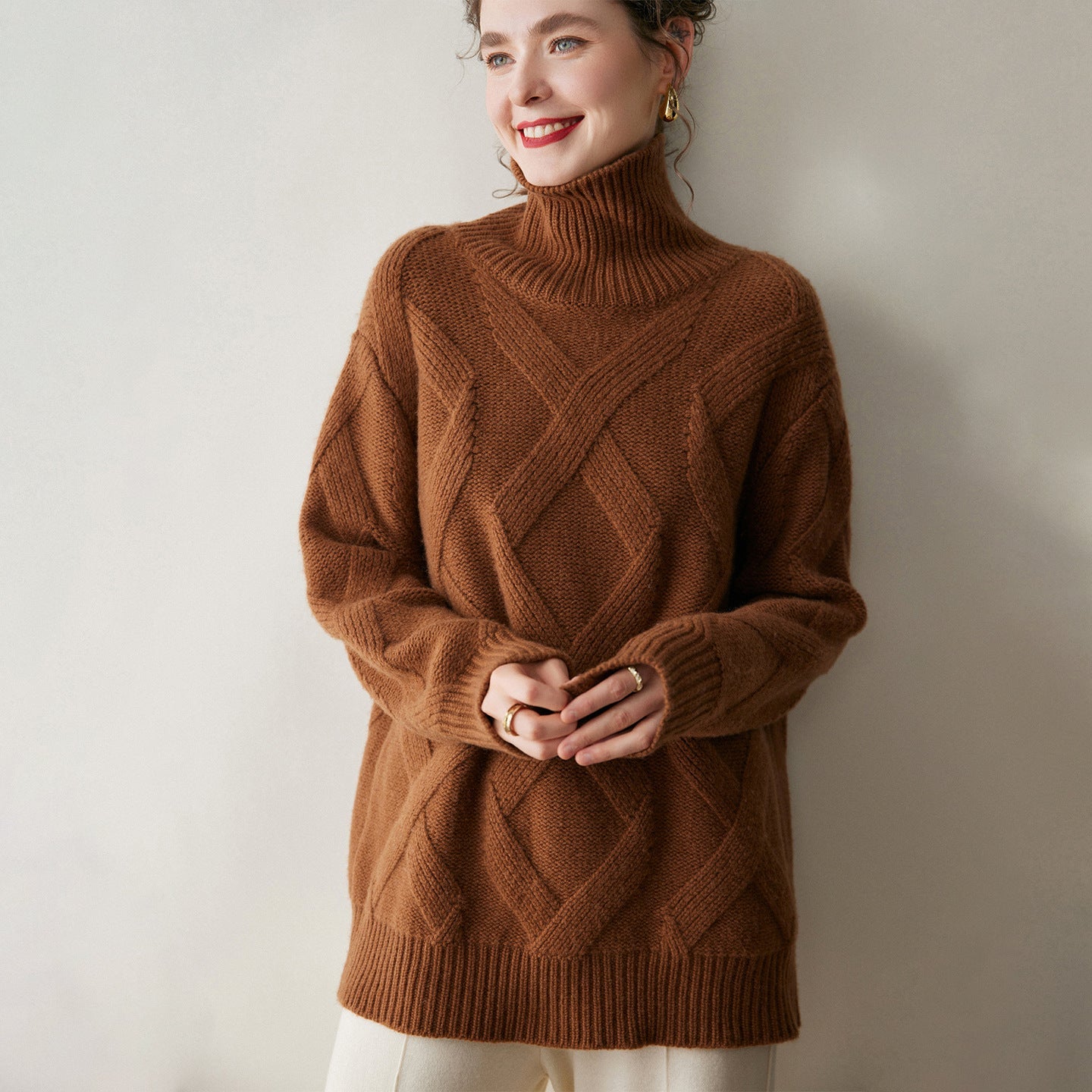 Womens Turtleneck Cashmere Sweater Diamond Cable Knit Cashmere Pullover Coffee XS