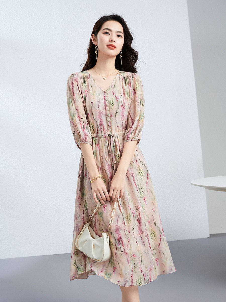 Womens V Neck Silk Floral Dress Half Sleeve Silk Midi Dress