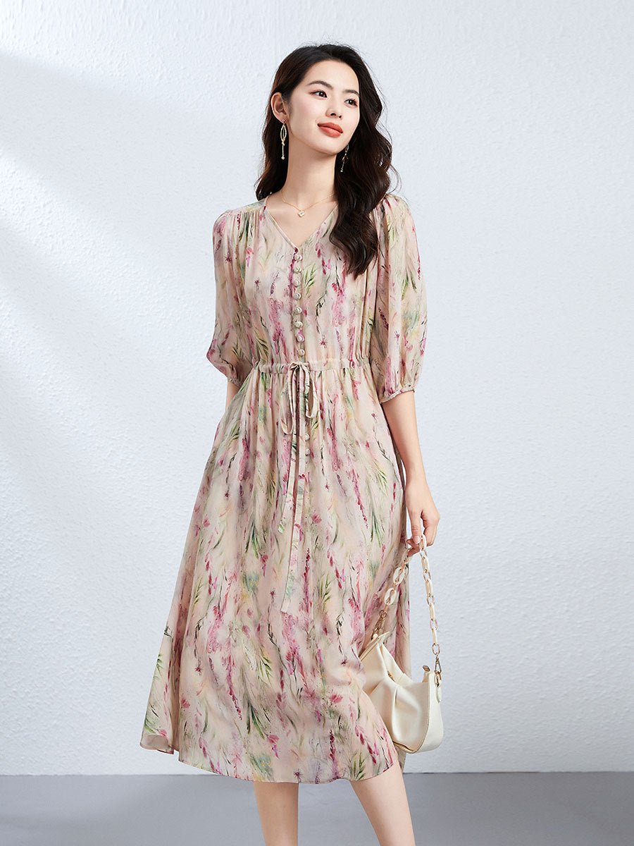 Womens V Neck Silk Floral Dress Half Sleeve Silk Midi Dress