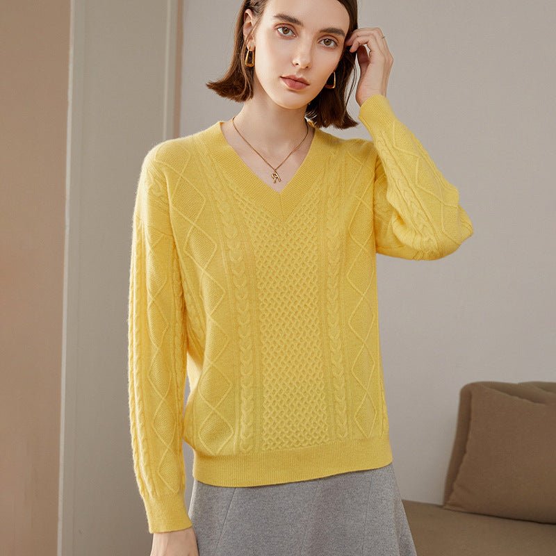 Womens V Necked Cashmere Pullover Cable - Knitted Cashmere Sweater Yellow XS