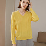 Womens V Necked Cashmere Pullover Cable - Knitted Cashmere Sweater Yellow XS
