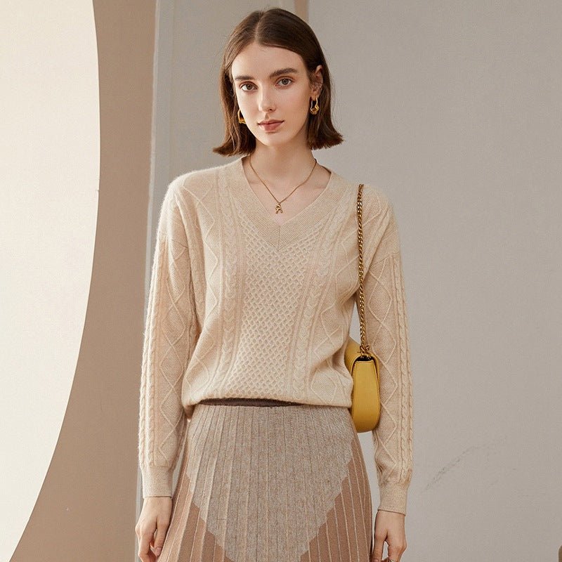 Womens V Necked Cashmere Pullover Cable - Knitted Cashmere Sweater Camel XS