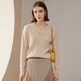 Womens V Necked Cashmere Pullover Cable - Knitted Cashmere Sweater Camel XS